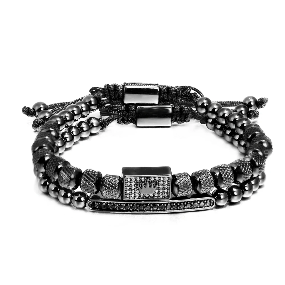 2pcs/set Charm Bracelet Men Stainless Steel Bracelet Beads Gold Color Bracelet For Men Cz Zircon Crown Bracelet