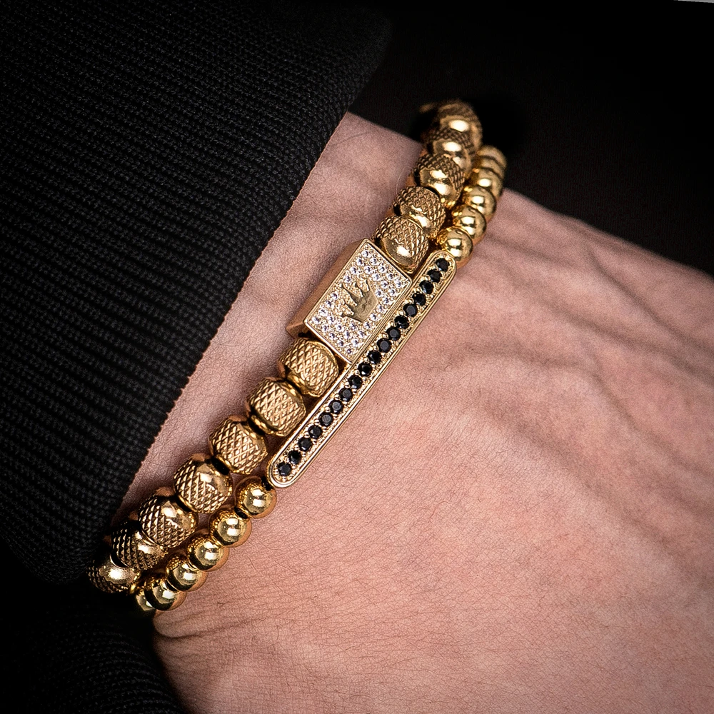 2pcs/set Charm Bracelet Men Stainless Steel Bracelet Beads Gold Color Bracelet For Men Cz Zircon Crown Bracelet