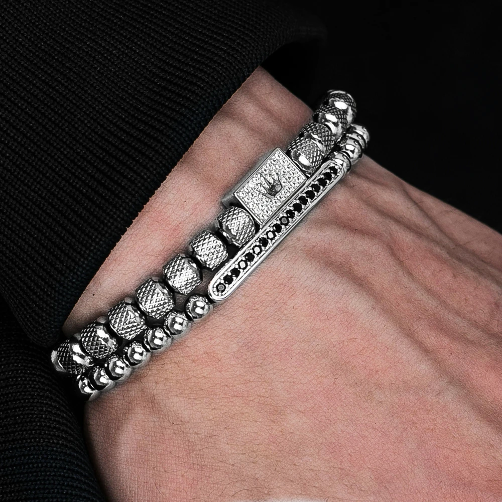 2pcs/set Charm Bracelet Men Stainless Steel Bracelet Beads Gold Color Bracelet For Men Cz Zircon Crown Bracelet
