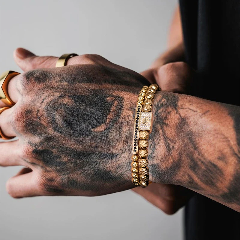 2pcs/set Charm Bracelet Men Stainless Steel Bracelet Beads Gold Color Bracelet For Men Cz Zircon Crown Bracelet