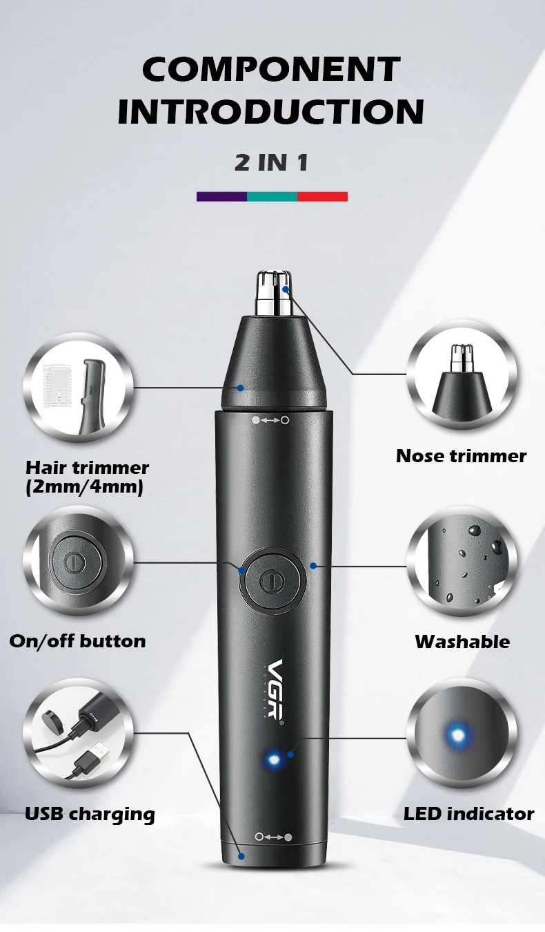 VGR Washable Nose Hair Trimmer Beard Facial Hair Trimer Eyebrow Electric Brow Nose Trimmer 2 In 1 Rechargeable V-613