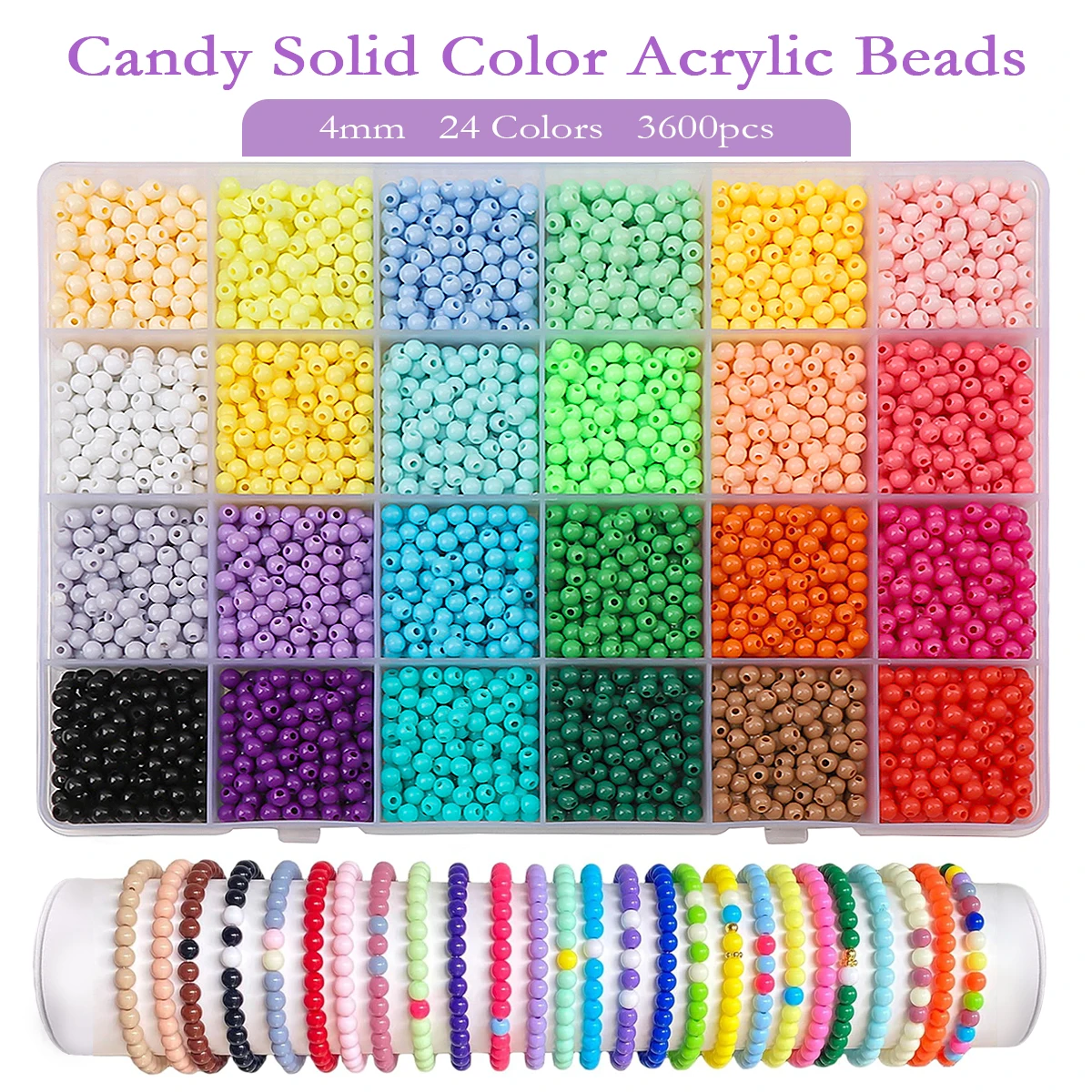 4mm 3600pcs Candy Color Acrylic Beads Set 24 Colors Solid Round Beads for DIY Jewelry Making Bracelets Necklaces Crafts 1mm Hole
