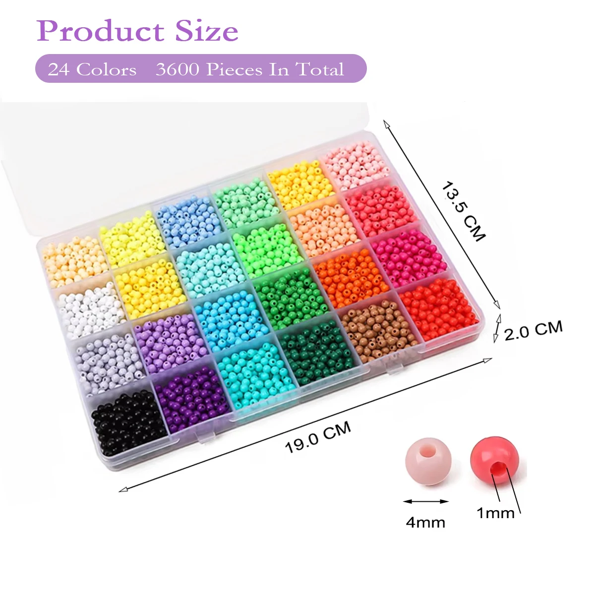 4mm 3600pcs Candy Color Acrylic Beads Set 24 Colors Solid Round Beads for DIY Jewelry Making Bracelets Necklaces Crafts 1mm Hole