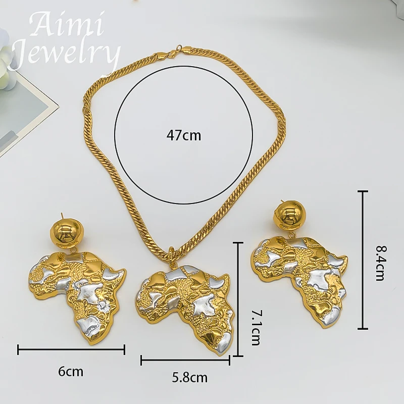 Africa Map Dubai 18K Gold Plated Jewelry Set Pendant Necklace Earrings Women Party African Nigerian Egyptian Bridal Wedding Gift