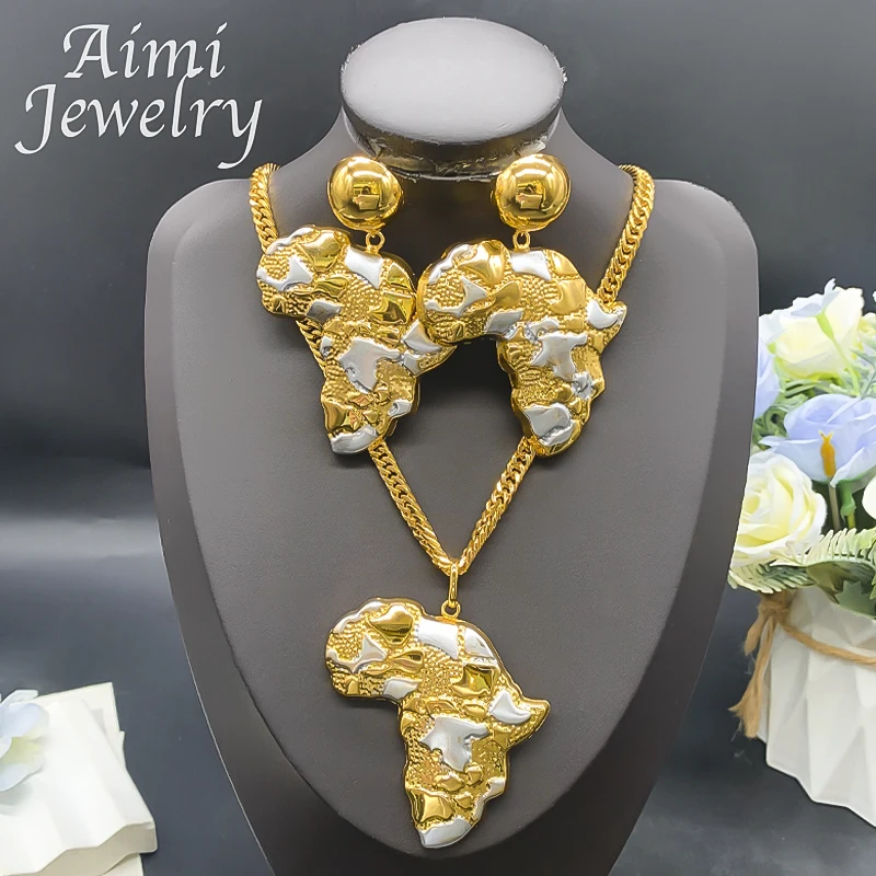 Africa Map Dubai 18K Gold Plated Jewelry Set Pendant Necklace Earrings Women Party African Nigerian Egyptian Bridal Wedding Gift