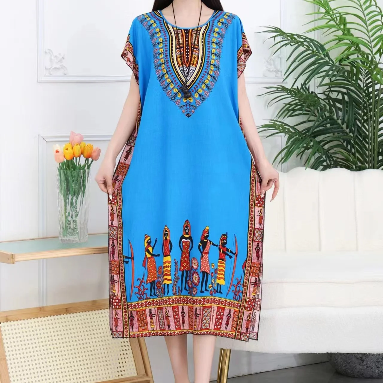 Casual Elegant Bohemian Printed Ethnic Style Retro Floral Woman Summer Street Wear Batwing Sleeve Loose Tunic Maternity Dress