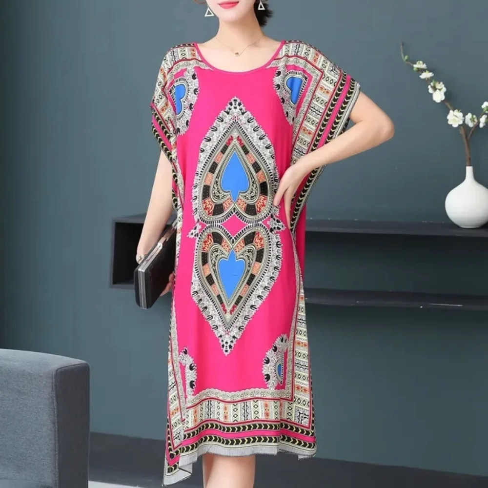 Casual Elegant Bohemian Printed Ethnic Style Retro Floral Woman Summer Street Wear Batwing Sleeve Loose Tunic Maternity Dress