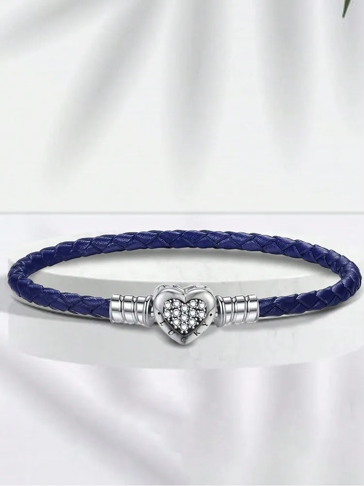 925 Sterling Silver Love Heart Bead Black Leather Rope Bracelet DIY Making Fit Original Bracelets for Women Fine Jewelry Gift
