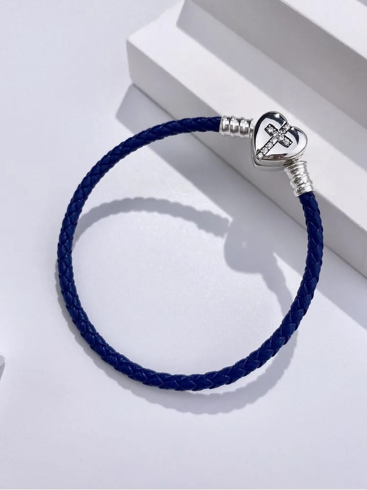 925 Sterling Silver Love Heart Bead Black Leather Rope Bracelet DIY Making Fit Original Bracelets for Women Fine Jewelry Gift
