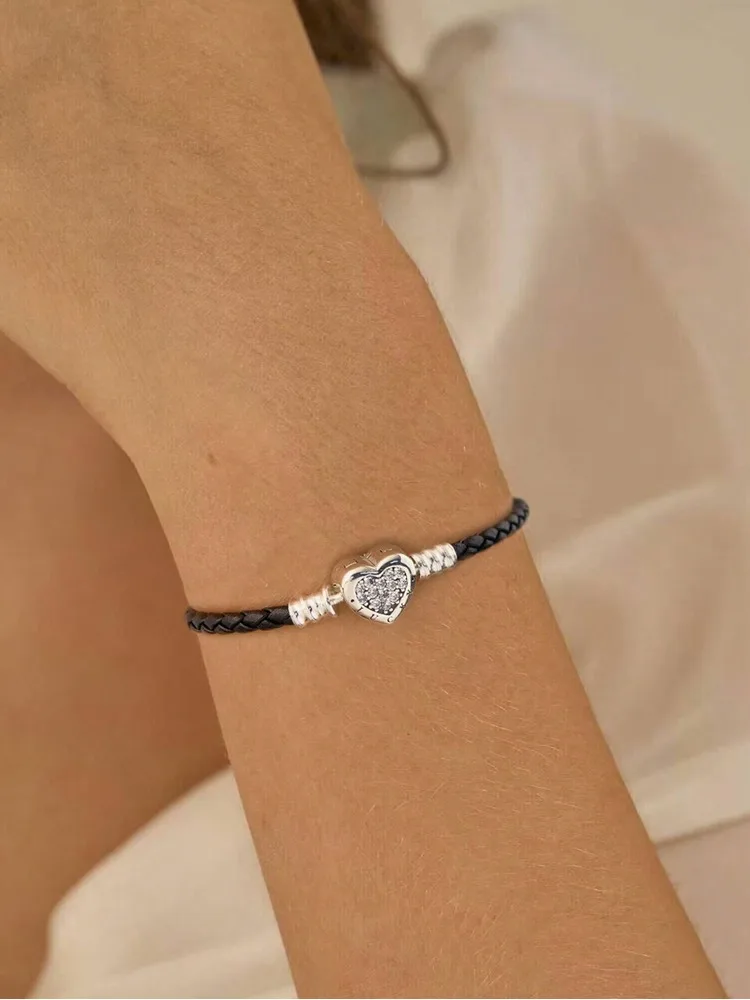 925 Sterling Silver Love Heart Bead Black Leather Rope Bracelet DIY Making Fit Original Bracelets for Women Fine Jewelry Gift