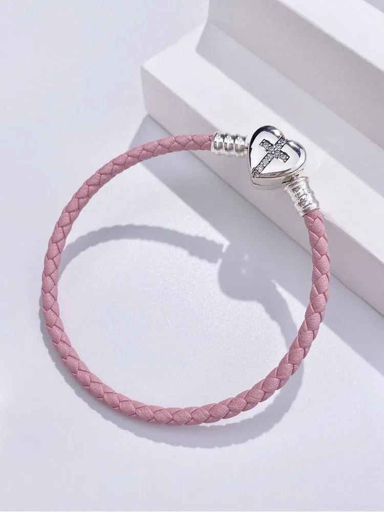 925 Sterling Silver Love Heart Bead Black Leather Rope Bracelet DIY Making Fit Original Bracelets for Women Fine Jewelry Gift