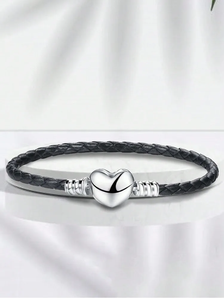 925 Sterling Silver Love Heart Bead Black Leather Rope Bracelet DIY Making Fit Original Bracelets for Women Fine Jewelry Gift