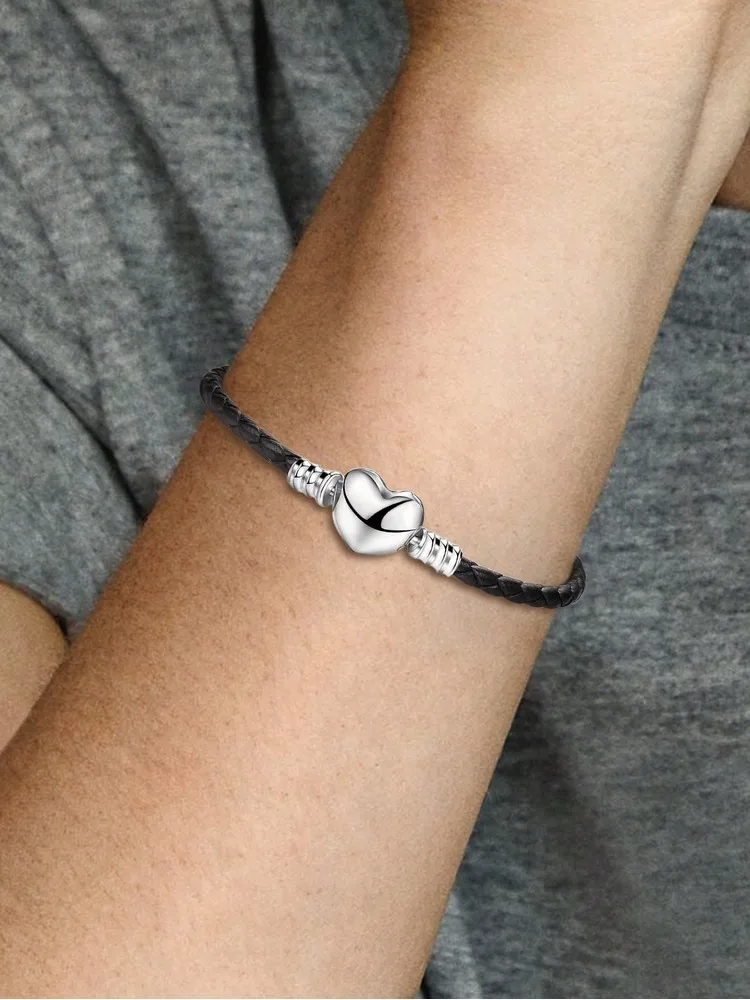 925 Sterling Silver Love Heart Bead Black Leather Rope Bracelet DIY Making Fit Original Bracelets for Women Fine Jewelry Gift