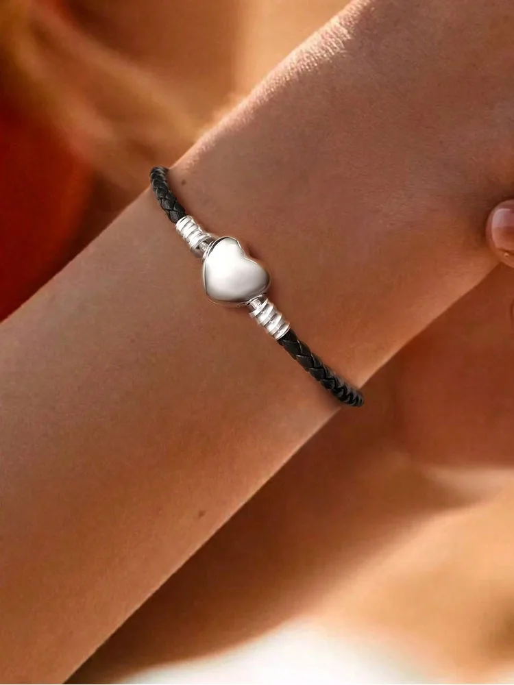 925 Sterling Silver Love Heart Bead Black Leather Rope Bracelet DIY Making Fit Original Bracelets for Women Fine Jewelry Gift