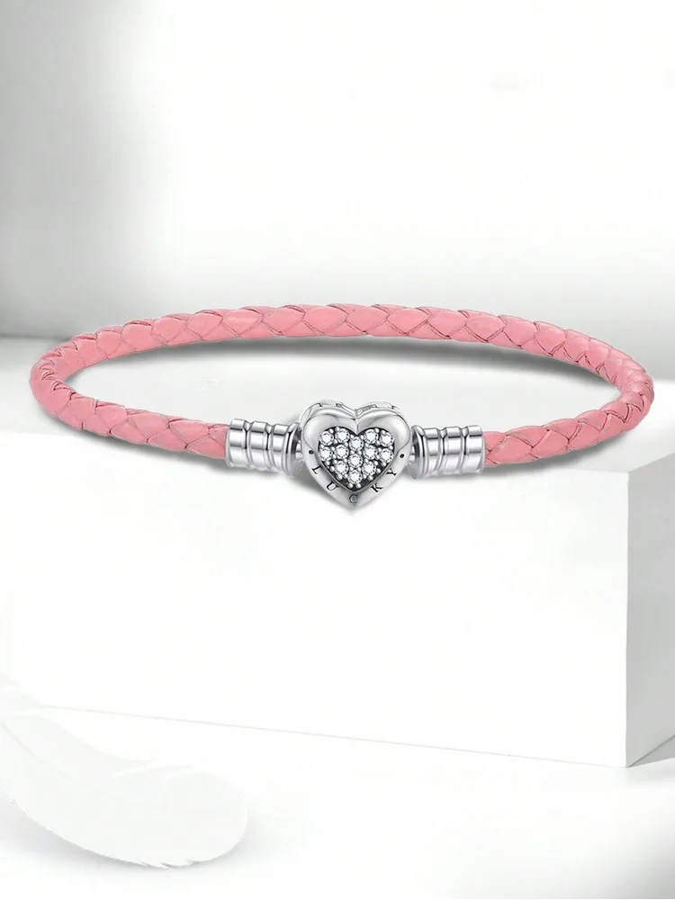 925 Sterling Silver Love Heart Bead Black Leather Rope Bracelet DIY Making Fit Original Bracelets for Women Fine Jewelry Gift
