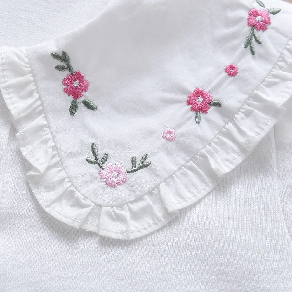 Girls' Shirt 2025 Spring Autumn New Embroidered Floral Long Sleeve Blouse with Ruffled Collar Kids Clothes