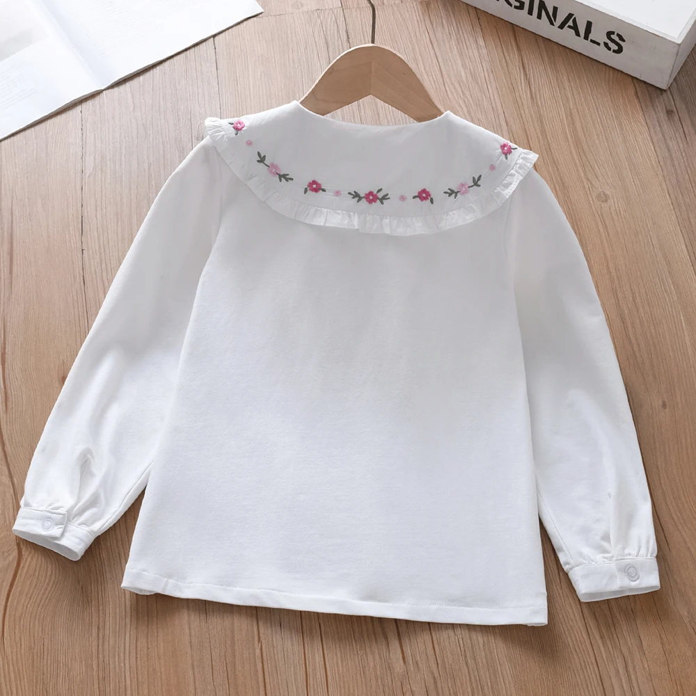 Girls' Shirt 2025 Spring Autumn New Embroidered Floral Long Sleeve Blouse with Ruffled Collar Kids Clothes