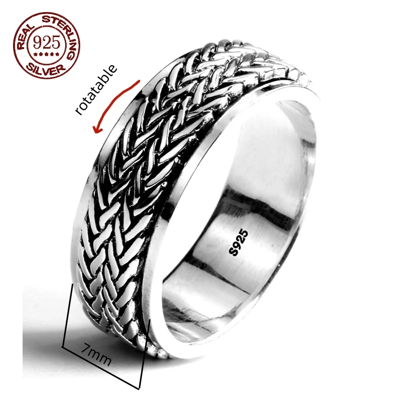 Simplicity Vintage S925 Sterling Silver Viking Rings for Men Women Fashion Personality Rotatable Woven Pattern Jewelry Gift