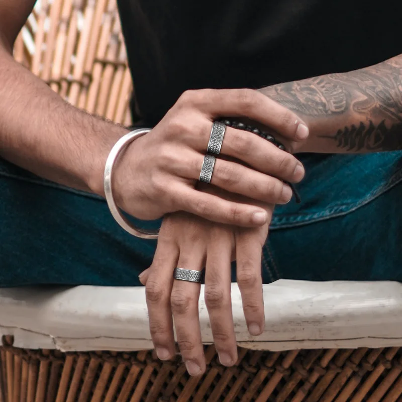 Simplicity Vintage S925 Sterling Silver Viking Rings for Men Women Fashion Personality Rotatable Woven Pattern Jewelry Gift