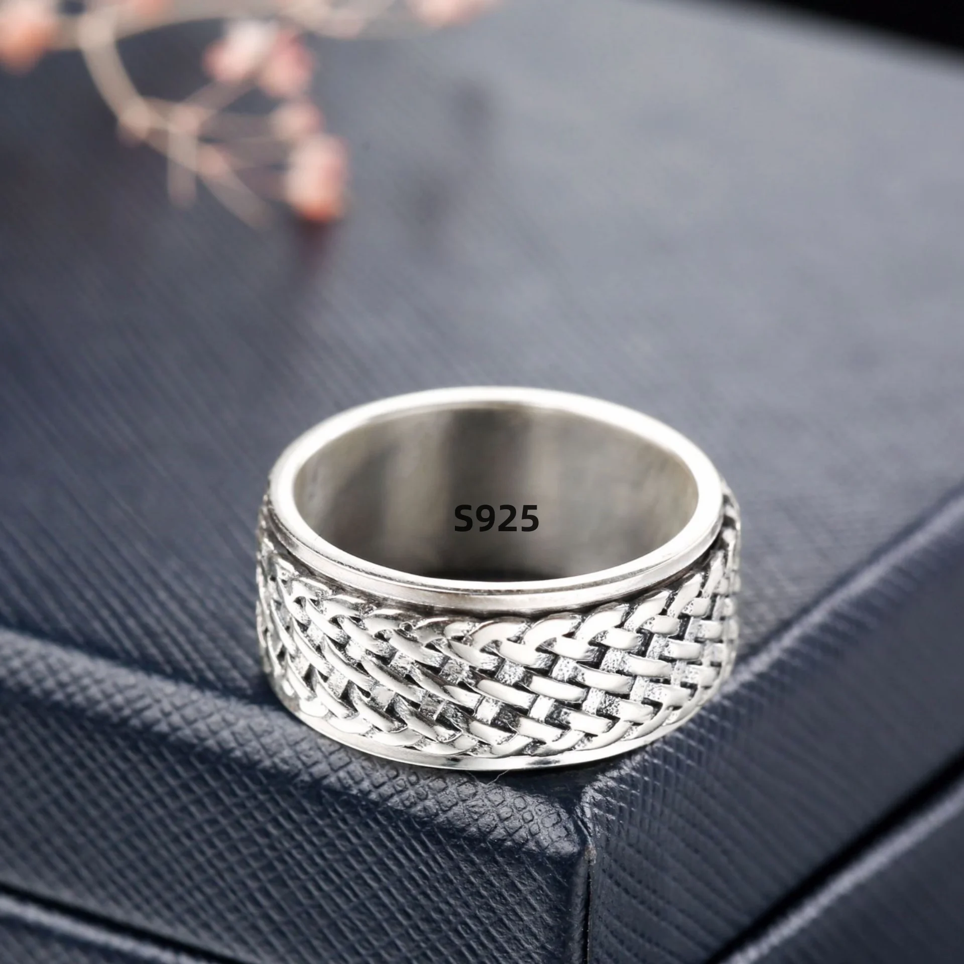 Simplicity Vintage S925 Sterling Silver Viking Rings for Men Women Fashion Personality Rotatable Woven Pattern Jewelry Gift
