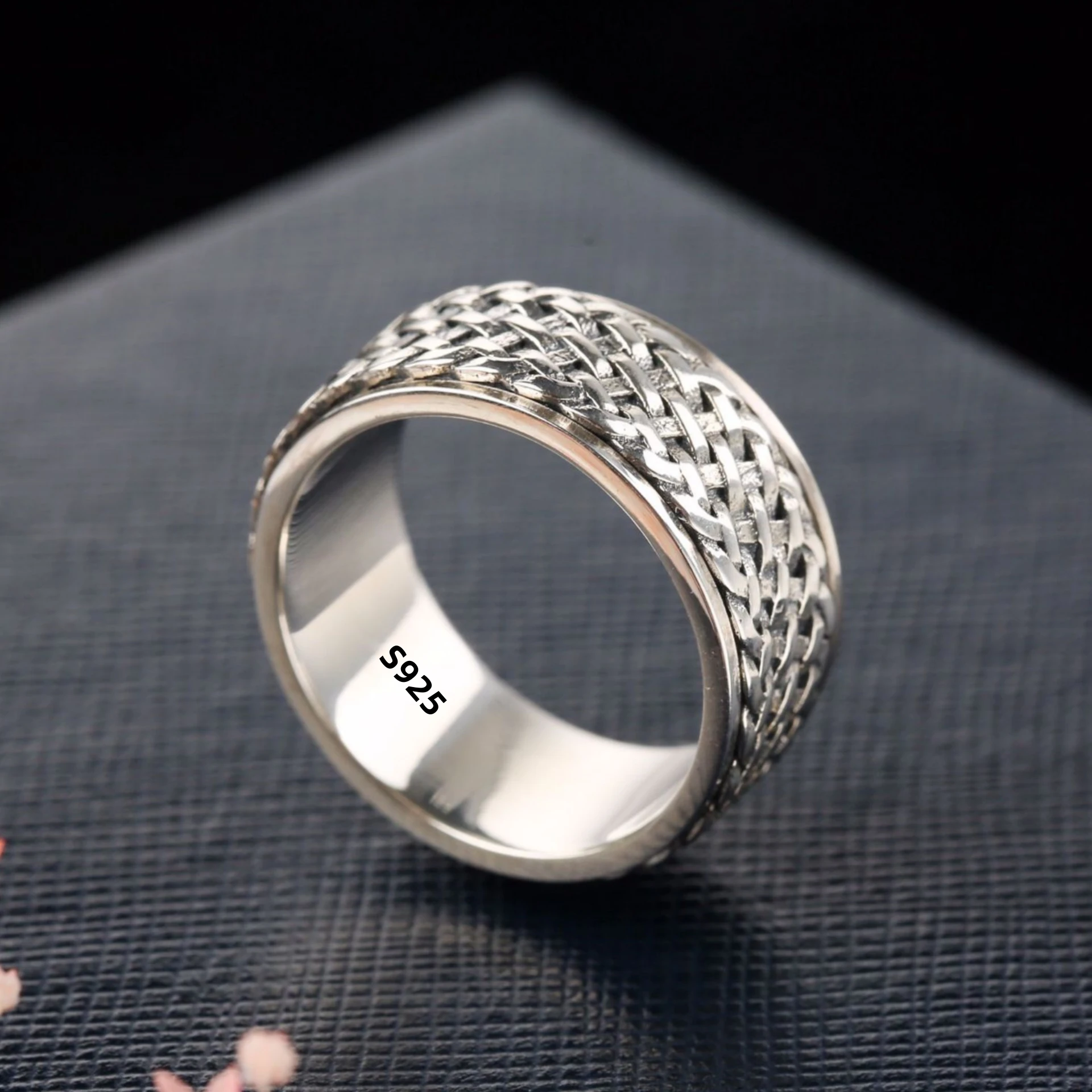 Simplicity Vintage S925 Sterling Silver Viking Rings for Men Women Fashion Personality Rotatable Woven Pattern Jewelry Gift