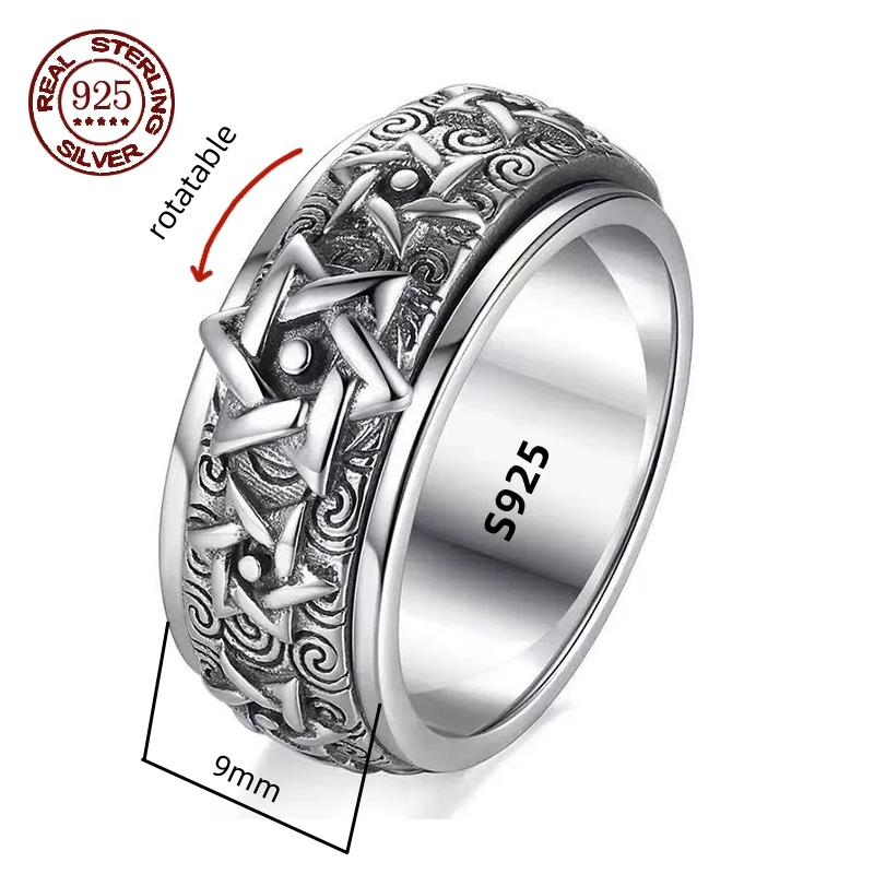 Simplicity Vintage S925 Sterling Silver Viking Rings for Men Women Fashion Personality Rotatable Woven Pattern Jewelry Gift