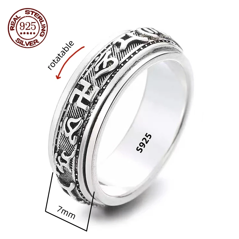 Simplicity Vintage S925 Sterling Silver Viking Rings for Men Women Fashion Personality Rotatable Woven Pattern Jewelry Gift