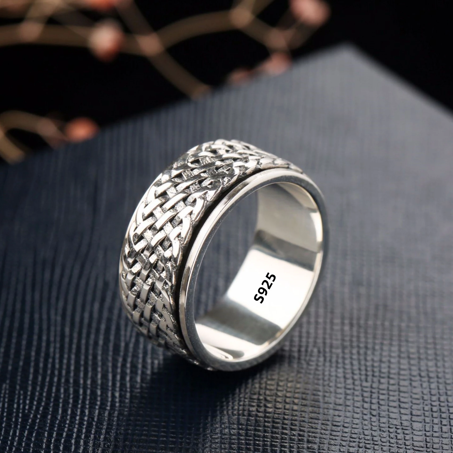 Simplicity Vintage S925 Sterling Silver Viking Rings for Men Women Fashion Personality Rotatable Woven Pattern Jewelry Gift