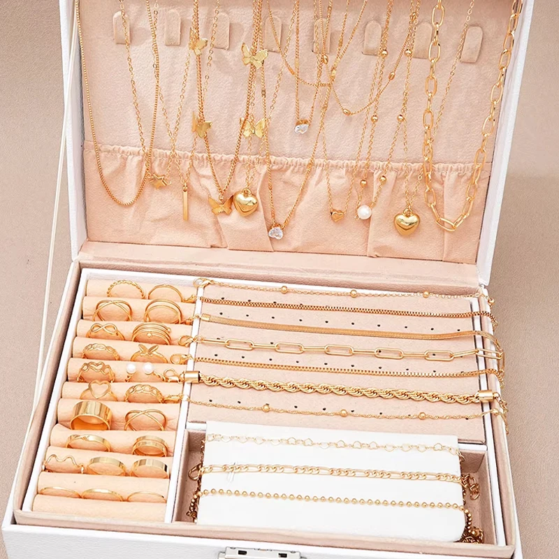 40 Pcs/Set Elegant Geometric Pearl Rings Multi-Layered Heart Zircon Necklace Simple Bracelet 3-In-1 Jewelry Set For Women Gifts