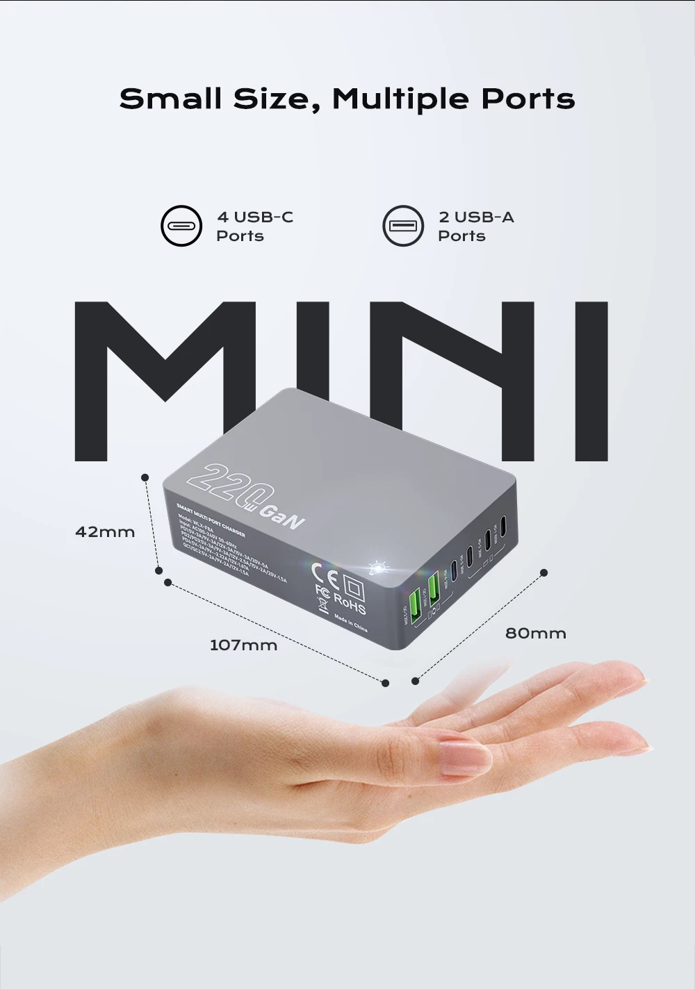 220W GaN Desktop Charger 6-Ports PD 100W USB Type C QC 3.0 Fast Charging Station for IPhone 16 Pro Tablet Macbook Samsung Laptop