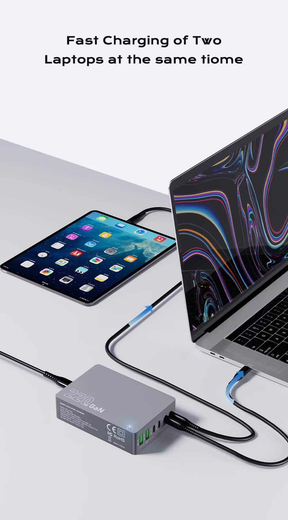 220W GaN Desktop Charger 6-Ports PD 100W USB Type C QC 3.0 Fast Charging Station for IPhone 16 Pro Tablet Macbook Samsung Laptop