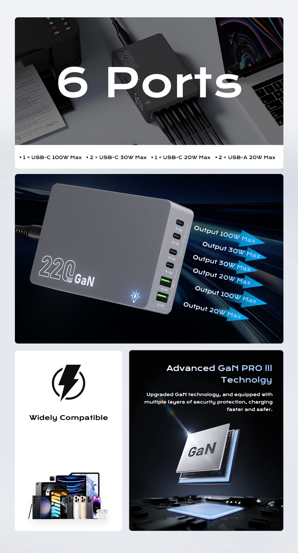 220W GaN Desktop Charger 6-Ports PD 100W USB Type C QC 3.0 Fast Charging Station for IPhone 16 Pro Tablet Macbook Samsung Laptop