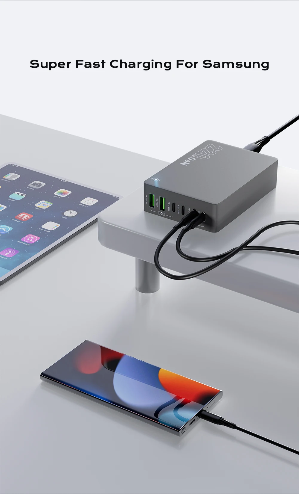 220W GaN Desktop Charger 6-Ports PD 100W USB Type C QC 3.0 Fast Charging Station for IPhone 16 Pro Tablet Macbook Samsung Laptop