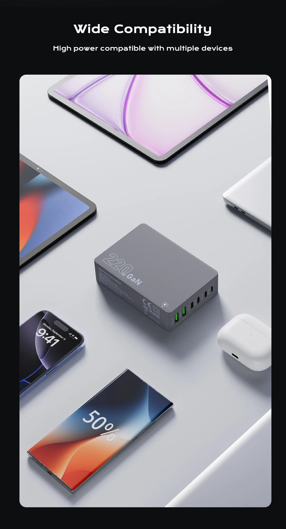 220W GaN Desktop Charger 6-Ports PD 100W USB Type C QC 3.0 Fast Charging Station for IPhone 16 Pro Tablet Macbook Samsung Laptop