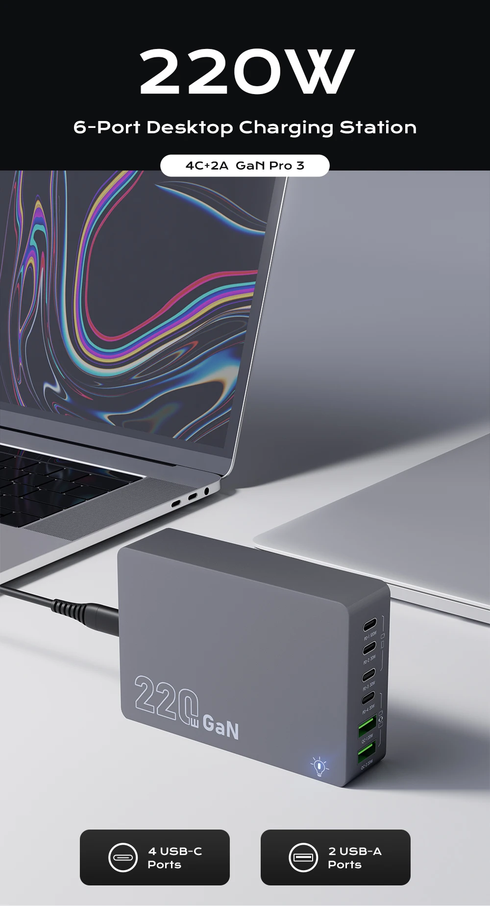 220W GaN Desktop Charger 6-Ports PD 100W USB Type C QC 3.0 Fast Charging Station for IPhone 16 Pro Tablet Macbook Samsung Laptop
