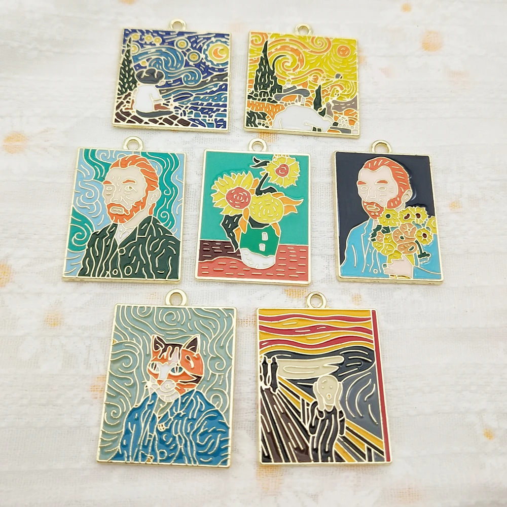10pcs Famous Painting Charm Jewelry Accessories Enamel Earring Phone Keychain Pendant Diy Making Craft Alloy Metal Gold Plated