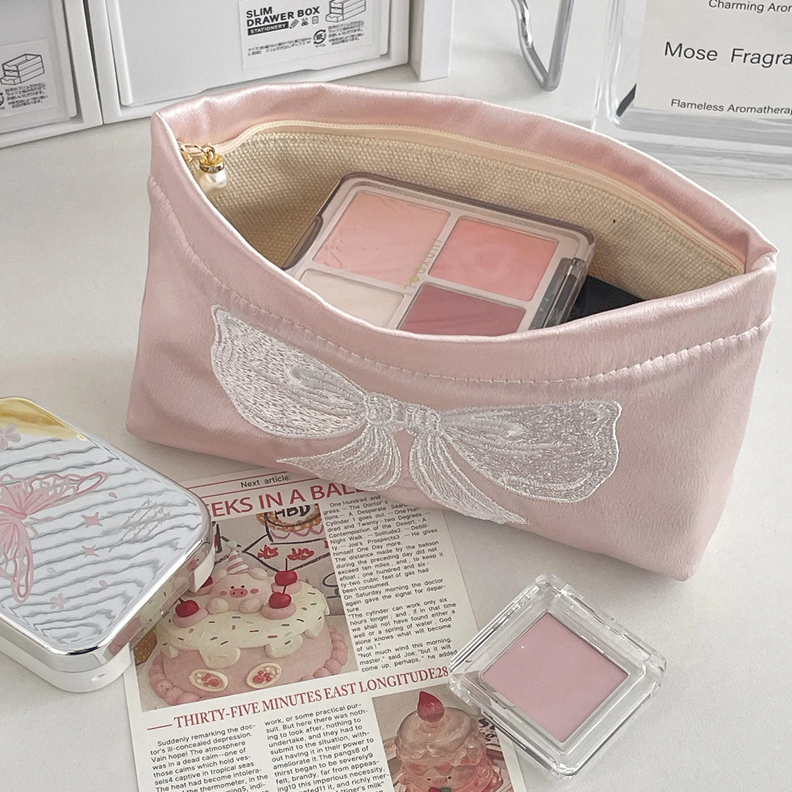 Pink Cute Pearl Zipper Makeup Bag Travel Women Lipsticks Toiletry Storage Pouch Handbag Luxury Ladies Make Up Organizer Bag