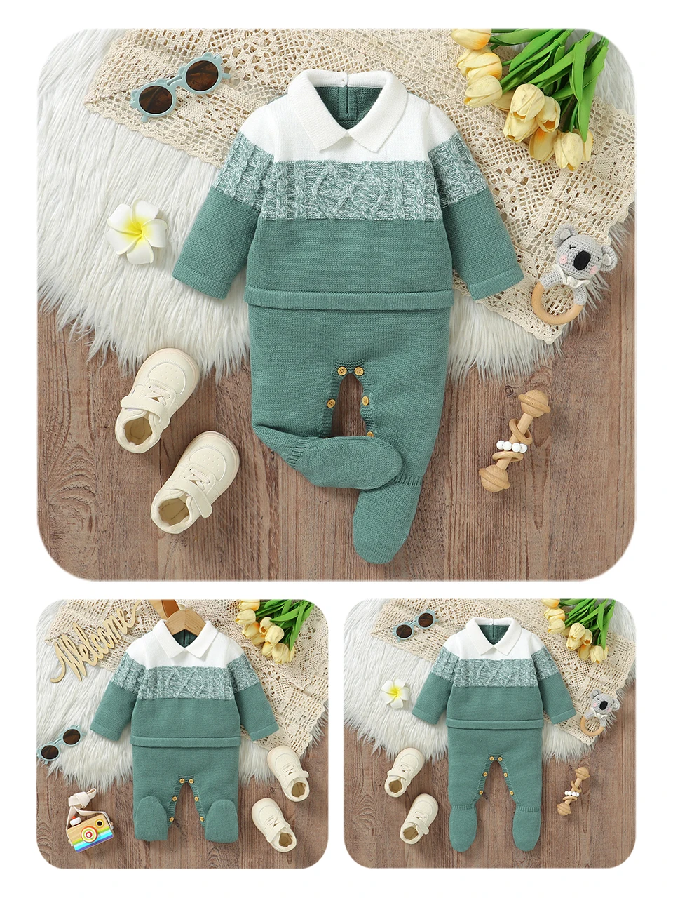 Soft Texture Winter Baby Boys Rompers 0-18M Newborn Infant Fall Winter Turn-down Collar Long Sleeve Knit Bodysuit Jumpsuit