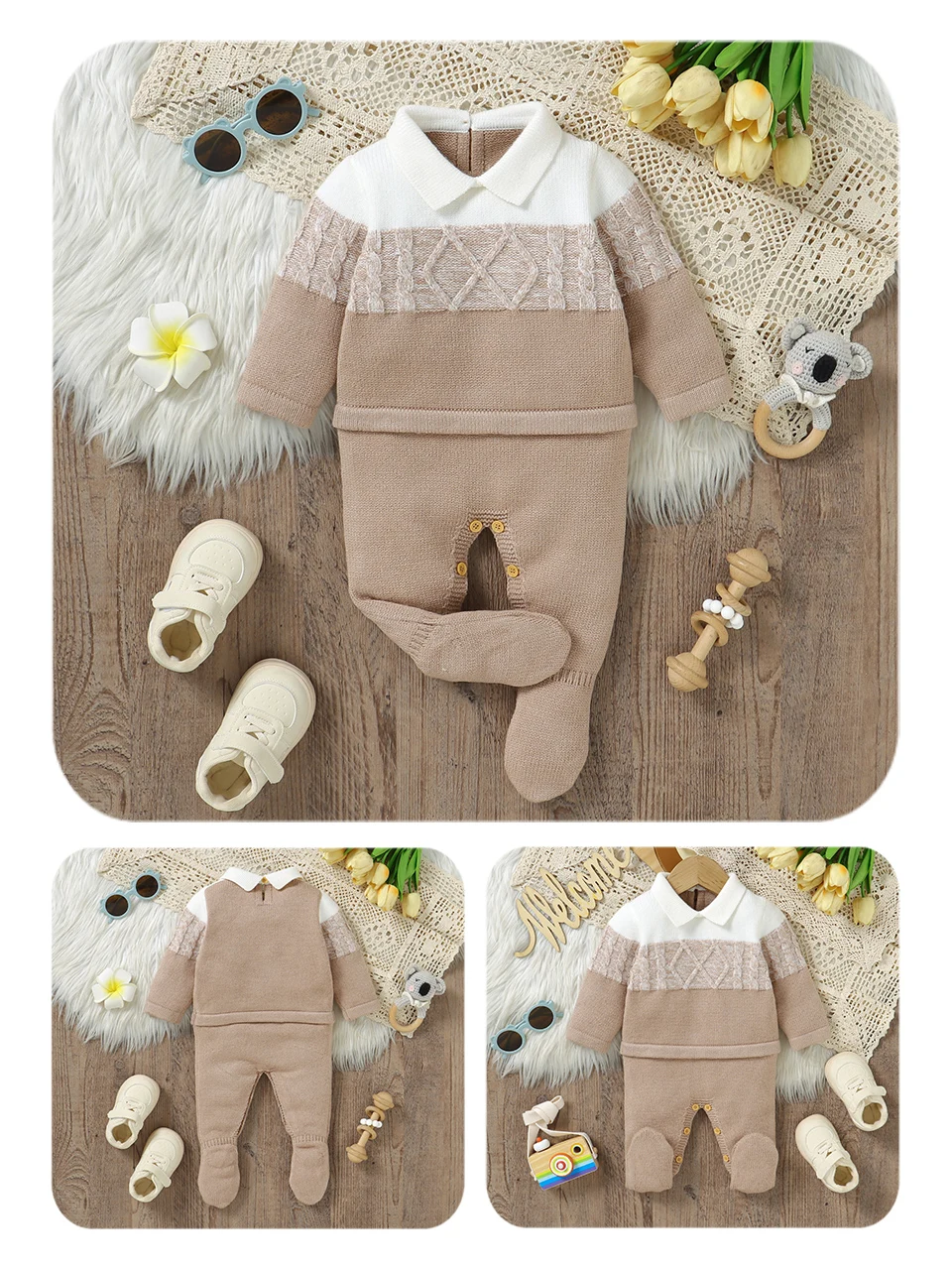Soft Texture Winter Baby Boys Rompers 0-18M Newborn Infant Fall Winter Turn-down Collar Long Sleeve Knit Bodysuit Jumpsuit