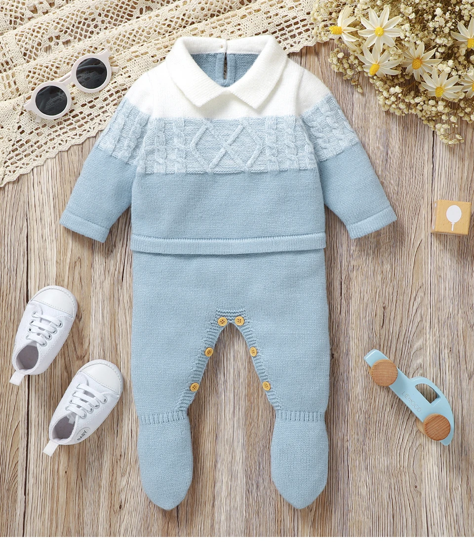 Soft Texture Winter Baby Boys Rompers 0-18M Newborn Infant Fall Winter Turn-down Collar Long Sleeve Knit Bodysuit Jumpsuit