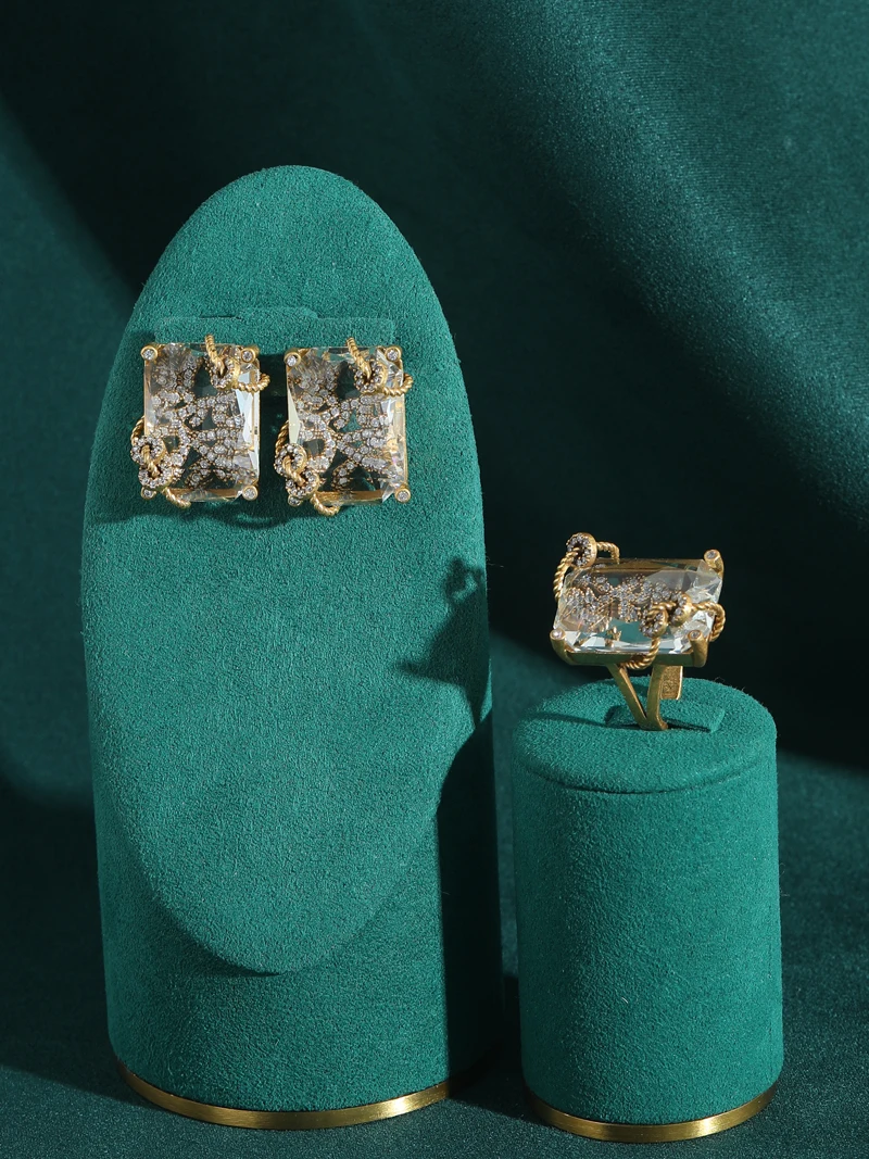 Vintage Rich Square Glass Earrings Jewelry Set Rings Transparent Winding Retro Accessories Woman Luxury Quality 2026 New