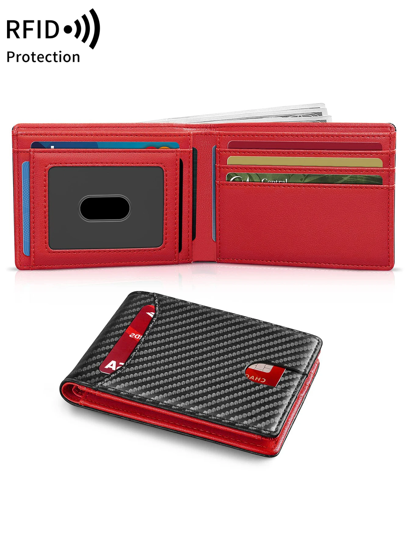 Men's Ultra-Thin RFID Blocking Leather Wallet Bi-Fold Front Pocket Wallet Large Capacity 8 Card/Short Card Holder with ID Window