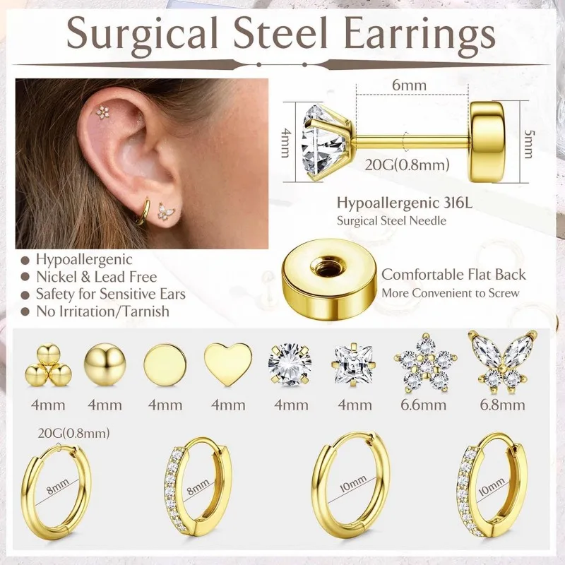 Fashion Heart Moon Flower Hypoallergenic Surgical Steel Flat Back Earrings for Women Men Stud Hoop Cartilage Earring Set Jewelry