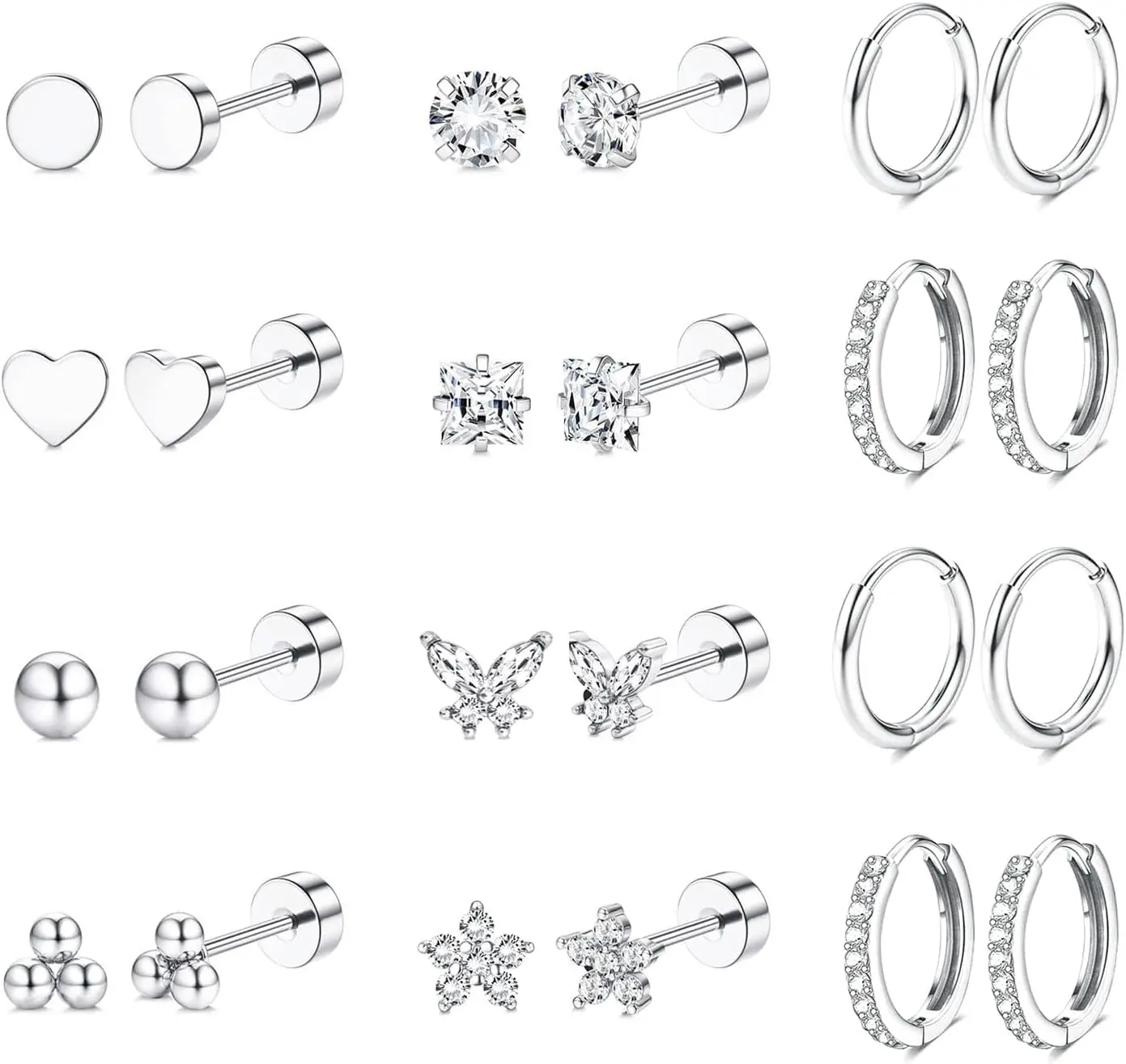 Fashion Heart Moon Flower Hypoallergenic Surgical Steel Flat Back Earrings for Women Men Stud Hoop Cartilage Earring Set Jewelry