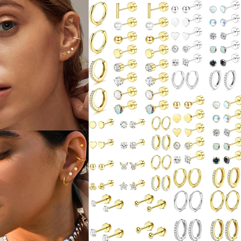 Fashion Heart Moon Flower Hypoallergenic Surgical Steel Flat Back Earrings for Women Men Stud Hoop Cartilage Earring Set Jewelry