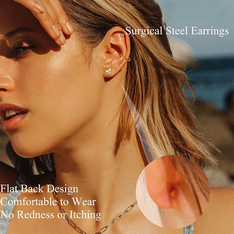 Fashion Heart Moon Flower Hypoallergenic Surgical Steel Flat Back Earrings for Women Men Stud Hoop Cartilage Earring Set Jewelry