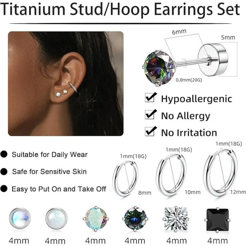 Fashion Heart Moon Flower Hypoallergenic Surgical Steel Flat Back Earrings for Women Men Stud Hoop Cartilage Earring Set Jewelry