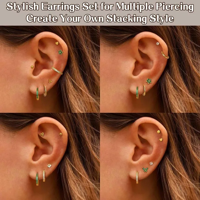 Fashion Heart Moon Flower Hypoallergenic Surgical Steel Flat Back Earrings for Women Men Stud Hoop Cartilage Earring Set Jewelry