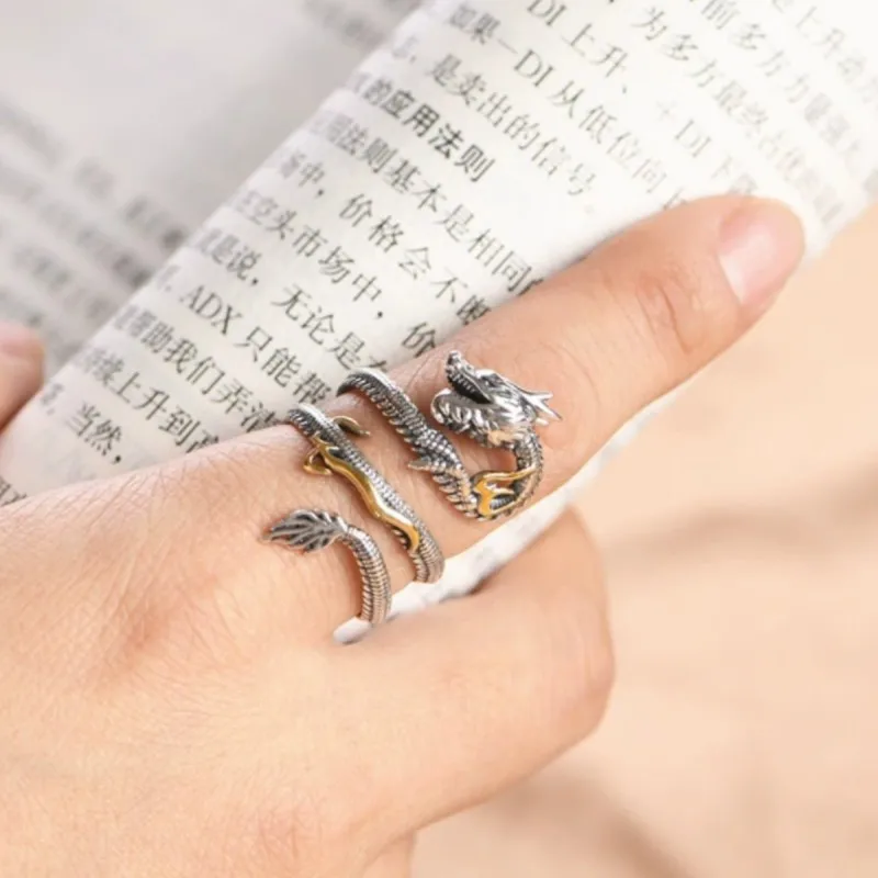 Buyee 925 Sterling Silver Unique Big Ring Elegant Chinese Dragon Open Ring Finger for Men Women Rock Punk Fine Jewelry Circle
