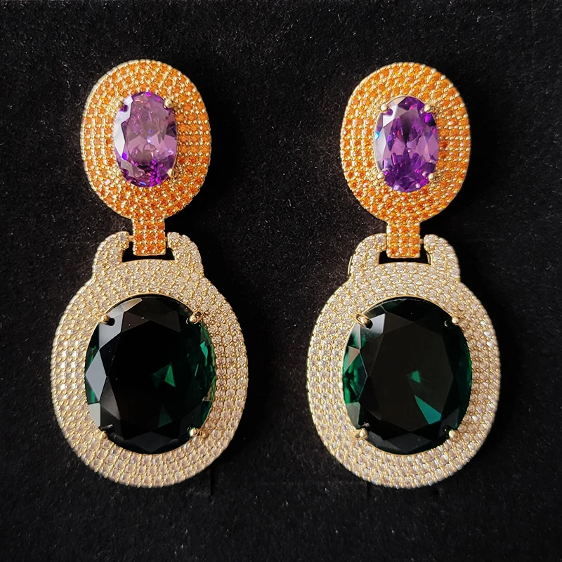 Big Round Drop Earrings for Women Luxury Jewelry Shiny Zircon Wedding Bridal Dinner Party Green Orange White Dangle Earrings